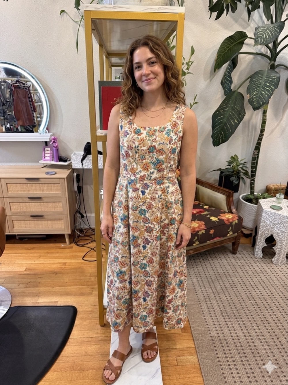 Coldwater Creek Cream Floral Midi Dress with Blue & Rust Accents